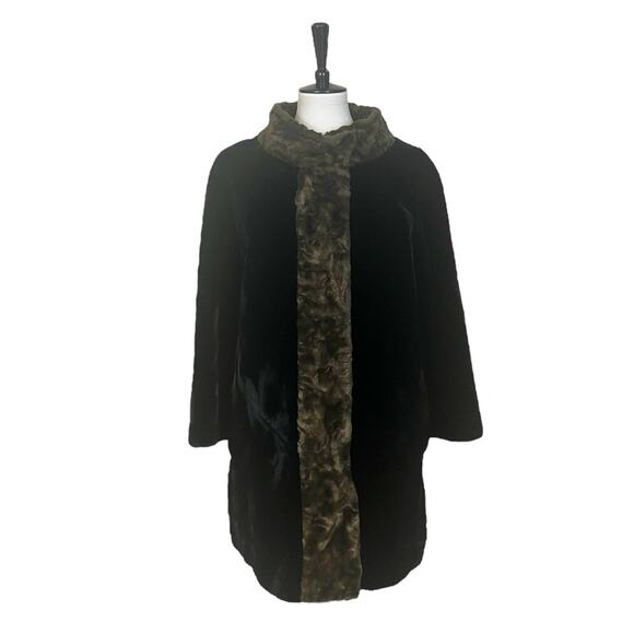 GlenSea Glenoit Vintage Faux Fur Velvet Coat Dark Brown Tan Women’s Size Large - Picture 1 of 11
